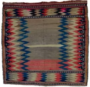 alt="Antique Afshar Sofreh kilim with zigzag design and floral motifs" alt="Handwoven grey-blue kilim from South Iran with tribal patterns" alt="Vintage Persian Sofreh used for dough with decorative zigzags" alt="Afshar tribal kilim with colourful zigzag bands and white flowers"