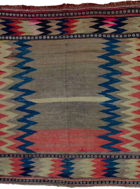 alt="Antique Afshar Sofreh kilim with zigzag design and floral motifs" alt="Handwoven grey-blue kilim from South Iran with tribal patterns" alt="Vintage Persian Sofreh used for dough with decorative zigzags" alt="Afshar tribal kilim with colourful zigzag bands and white flowers"