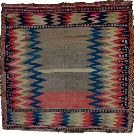 alt="Antique Afshar Sofreh kilim with zigzag design and floral motifs" alt="Handwoven grey-blue kilim from South Iran with tribal patterns" alt="Vintage Persian Sofreh used for dough with decorative zigzags" alt="Afshar tribal kilim with colourful zigzag bands and white flowers"