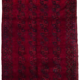 alt="Vintage Aktche Afghan carpet with elephant foot design on red ground" alt="Afghan wool rug with deep red background and tribal motifs" alt="Traditional Afghan carpet with long soft pile and geometric pattern" alt="Handwoven vintage Afghan rug in elephant foot motif"