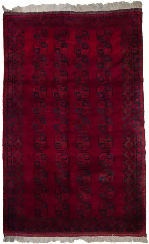 alt="Vintage Aktche Afghan carpet with elephant foot design on red ground" alt="Afghan wool rug with deep red background and tribal motifs" alt="Traditional Afghan carpet with long soft pile and geometric pattern" alt="Handwoven vintage Afghan rug in elephant foot motif"