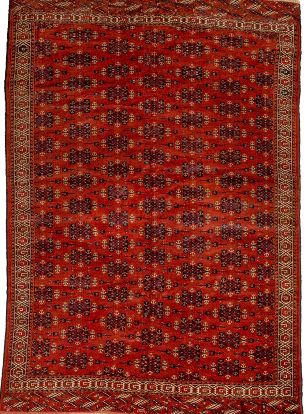 alt="Antique Yamoud Turkmen carpet dated 1899 with Kepse Gul design" alt="Rich red Turkmen rug with natural dyes and cream vine border" alt="Handwoven 19th-century Yamoud carpet with tribal motifs" alt="Fine antique Turkmen rug with all-over design and excellent condition"