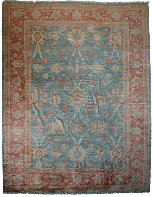 alt="Sultanabad carpet with light blue ground and large floral design" alt="Handmade Persian-style rug with natural dyes and soft red border" alt="Sultanabad rug in handspun wool with botanical motifs" alt="Decorative blue and red Persian carpet with vines and flowers"