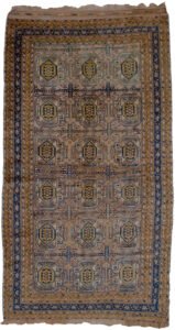 alt="Old Qoochan carpet with pinkish grey ground and elephant foot motifs" alt="Persian Qoochan rug with yellow guard border and navy frame" alt="Rare Qoochan tribal carpet with geometric design and soft wool" alt="Handwoven Qoochan rug with decorative elephant foot pattern"