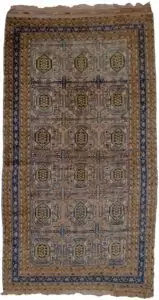 alt="Old Qoochan carpet with pinkish grey ground and elephant foot motifs" alt="Persian Qoochan rug with yellow guard border and navy frame" alt="Rare Qoochan tribal carpet with geometric design and soft wool" alt="Handwoven Qoochan rug with decorative elephant foot pattern"