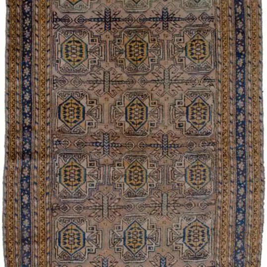 alt="Old Qoochan carpet with pinkish grey ground and elephant foot motifs" alt="Persian Qoochan rug with yellow guard border and navy frame" alt="Rare Qoochan tribal carpet with geometric design and soft wool" alt="Handwoven Qoochan rug with decorative elephant foot pattern"
