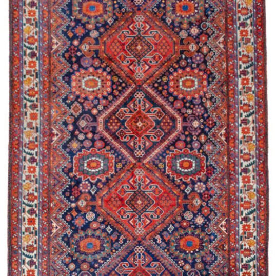 alt="Heinegoon Bakhtiyari rug with royal blue ground and five medallions" alt="Vintage Persian rug with paisley spandrels and cream border" alt="Rare design Heinegoon rug with natural dyes and handspun wool" alt="Collectible Bakhtiyari rug with tribal motifs and floral medallions"