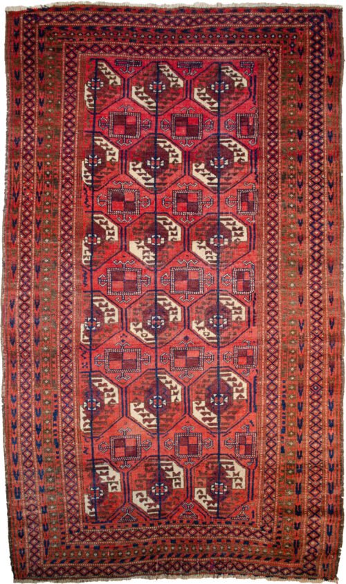alt="Vintage Turkmen rug with octagonal guls and ram’s horn motifs" alt="Tribal rug with olive green borders and geometric field design" alt="Three-row Turkmen carpet with symbolic motifs and earthy tones" alt="Handwoven Turkmen rug in good vintage condition with soft colours"