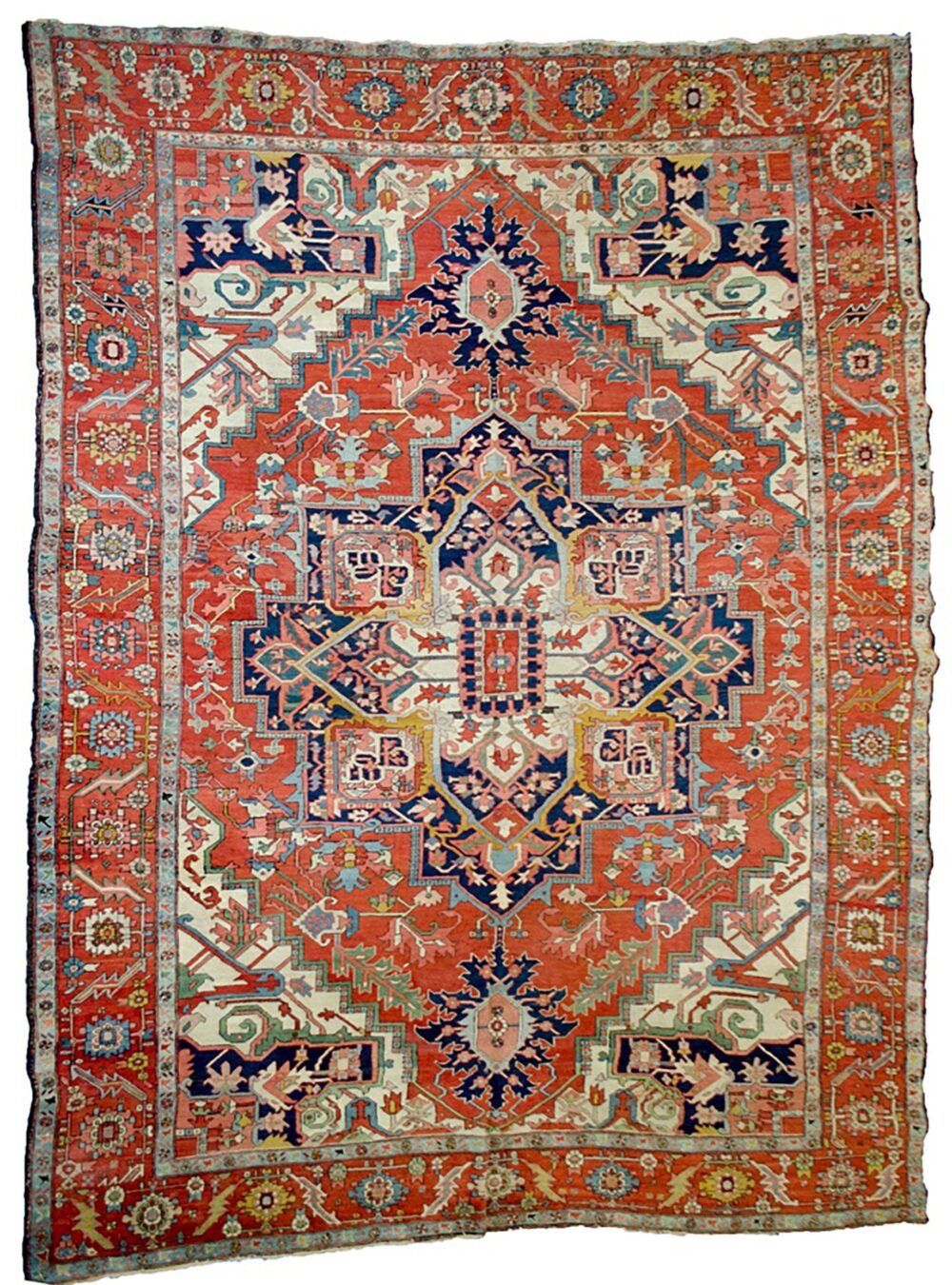 “Antique Serapi carpet with medallion and natural dyed colours” “Persian Serapi rug with terracotta and blue floral medallion” “Fine antique Serapi rug with classical design and intricate borders” “Hand-knotted Serapi carpet from Northwest Iran”
