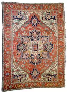 “Antique Serapi carpet with medallion and natural dyed colours” “Persian Serapi rug with terracotta and blue floral medallion” “Fine antique Serapi rug with classical design and intricate borders” “Hand-knotted Serapi carpet from Northwest Iran”