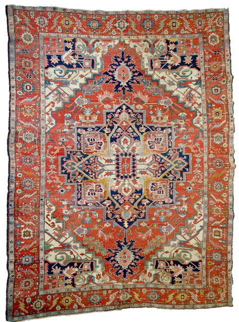 H268-Serapi-394x293cm.jpg “Antique Serapi carpet with medallion and natural dyed colours” “Persian Serapi rug with terracotta and blue floral medallion” “Fine antique Serapi rug with classical design and intricate borders” “Hand-knotted Serapi carpet from Northwest Iran”
