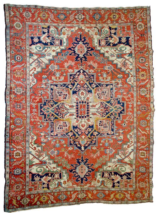 “Antique Serapi carpet with medallion and natural dyed colours” “Persian Serapi rug with terracotta and blue floral medallion” “Fine antique Serapi rug with classical design and intricate borders” “Hand-knotted Serapi carpet from Northwest Iran”