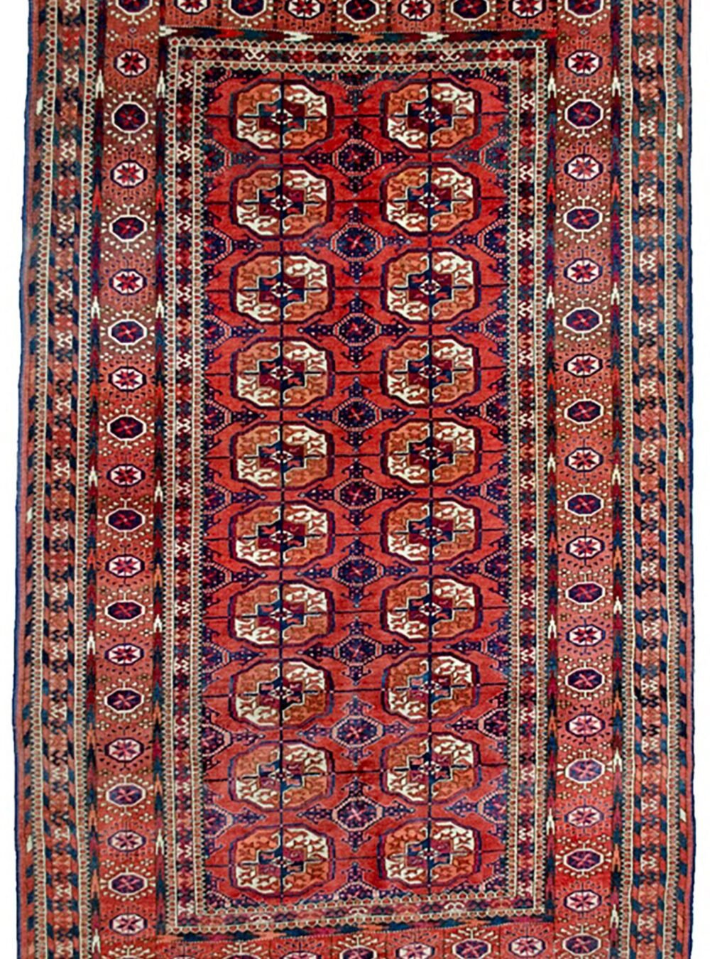 “Antique Tekke Turkmen rug with elephant foot guls and geometric borders” “Central Asian tribal rug with lozenge end motifs and red field” “Handwoven Tekke carpet featuring traditional tribal guls and borders” “Decorative antique Turkmen rug with classic Tekke design”