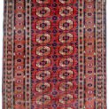 “Antique Tekke Turkmen rug with elephant foot guls and geometric borders” “Central Asian tribal rug with lozenge end motifs and red field” “Handwoven Tekke carpet featuring traditional tribal guls and borders” “Decorative antique Turkmen rug with classic Tekke design”