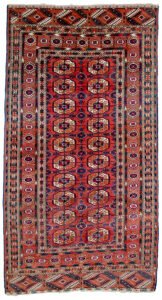 &ldquo;Antique Tekke Turkmen rug with elephant foot guls and geometric borders&rdquo; &ldquo;Central Asian tribal rug with lozenge end motifs and red field&rdquo; &ldquo;Handwoven Tekke carpet featuring traditional tribal guls and borders&rdquo; &ldquo;Decorative antique Turkmen rug with classic Tekke design&rdquo;