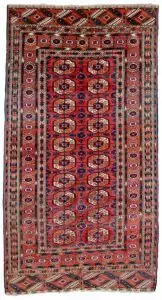 “Antique Tekke Turkmen rug with elephant foot guls and geometric borders” “Central Asian tribal rug with lozenge end motifs and red field” “Handwoven Tekke carpet featuring traditional tribal guls and borders” “Decorative antique Turkmen rug with classic Tekke design”