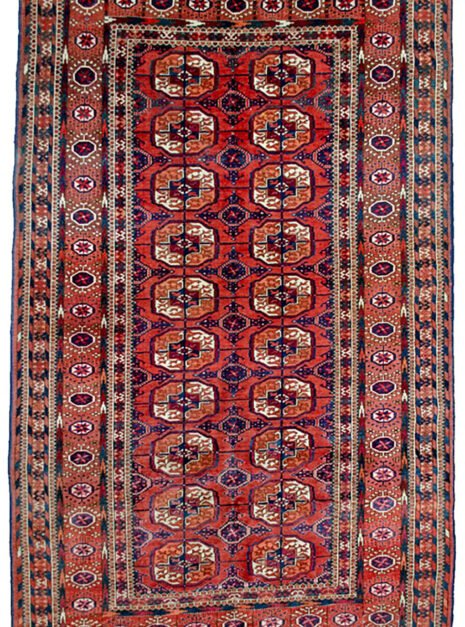H278t-Tekke-210x113cm.jpg “Antique Tekke Turkmen rug with elephant foot guls and geometric borders” “Central Asian tribal rug with lozenge end motifs and red field” “Handwoven Tekke carpet featuring traditional tribal guls and borders” “Decorative antique Turkmen rug with classic Tekke design”
