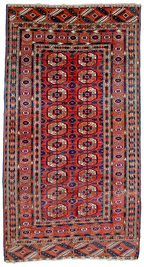 “Antique Tekke Turkmen rug with elephant foot guls and geometric borders” “Central Asian tribal rug with lozenge end motifs and red field” “Handwoven Tekke carpet featuring traditional tribal guls and borders” “Decorative antique Turkmen rug with classic Tekke design”
