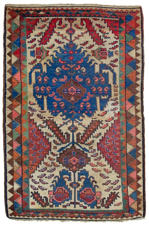 “Unusual vintage Hamedan rug with blue tree and paisley boteh motifs” “Persian rug with fish and tree of life design in tribal style” “Handwoven vintage Hamedan carpet with jagged multicolour border” “Unique Persian rug with symbolic tree, fish and botehs from Iran”