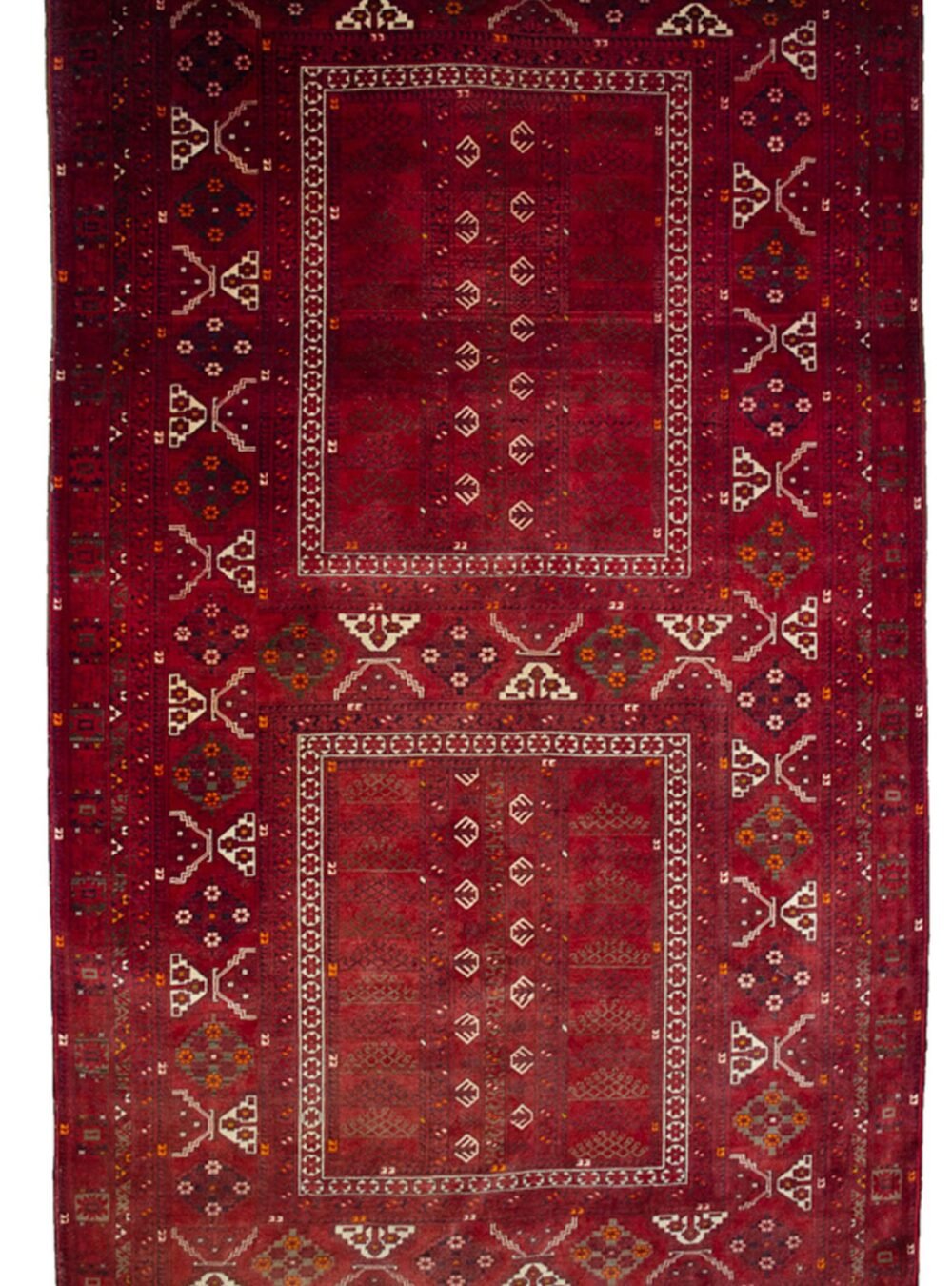 “Vintage Afghan Pardeh rug with original hanging loops” “Red tribal Afghan rug from Kunduz used as tent curtain” “Pardeh design curtain rug with fine weave from Afghanistan” “Afghan handwoven curtain rug with deep red wool”