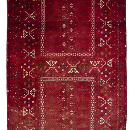 “Vintage Afghan Pardeh rug with original hanging loops” “Red tribal Afghan rug from Kunduz used as tent curtain” “Pardeh design curtain rug with fine weave from Afghanistan” “Afghan handwoven curtain rug with deep red wool”