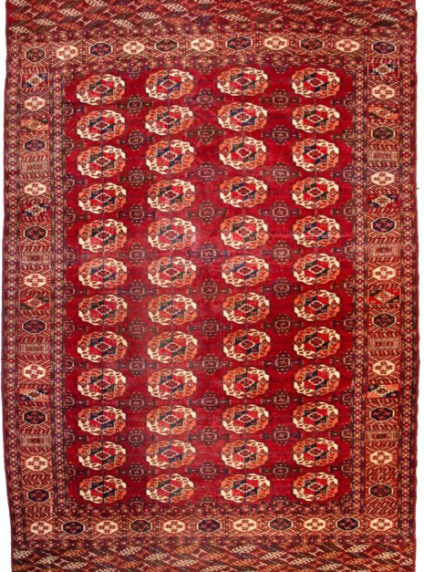 H342-Turkmen-286x202cm.jpg alt="Antique Turkmen carpet with four rows of Salor Guls" alt="Deep red tribal rug with classic Turkmen border" alt="Soft wool Turkmen rug with sheen and traditional motifs" alt="Vintage Central Asian rug ideal for dining room"