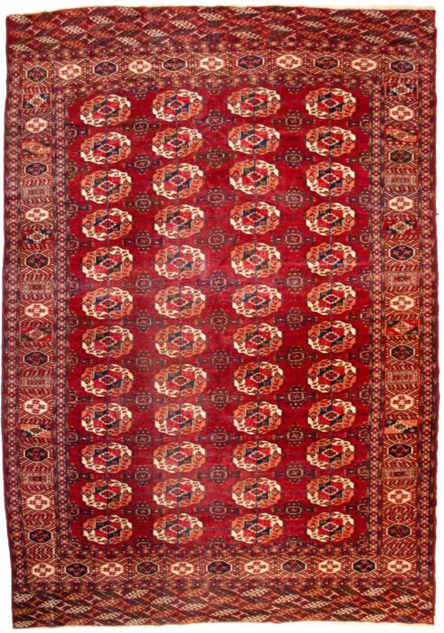 alt="Antique Turkmen carpet with four rows of Salor Guls" alt="Deep red tribal rug with classic Turkmen border" alt="Soft wool Turkmen rug with sheen and traditional motifs" alt="Vintage Central Asian rug ideal for dining room"