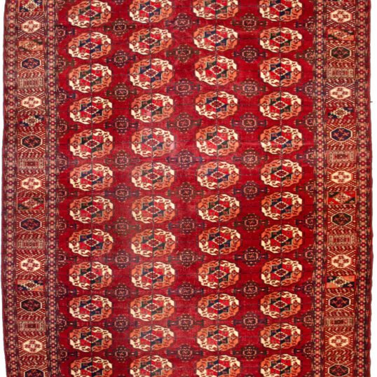 alt="Antique Turkmen carpet with four rows of Salor Guls" alt="Deep red tribal rug with classic Turkmen border" alt="Soft wool Turkmen rug with sheen and traditional motifs" alt="Vintage Central Asian rug ideal for dining room"