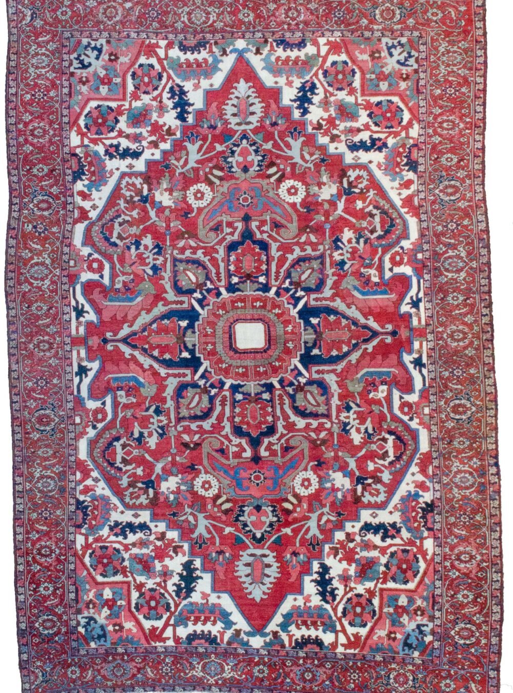 H343-Gharadagh-524x369cm.jpg alt="Gharadagh Heriz carpet with red ground and bold medallion" alt="Vintage Persian rug with Samavar border and white spandrels" alt="Large Heriz rug with stylised floral design from Northwest Iran" alt="Restored antique Heriz carpet with bold colours and classic motifs"