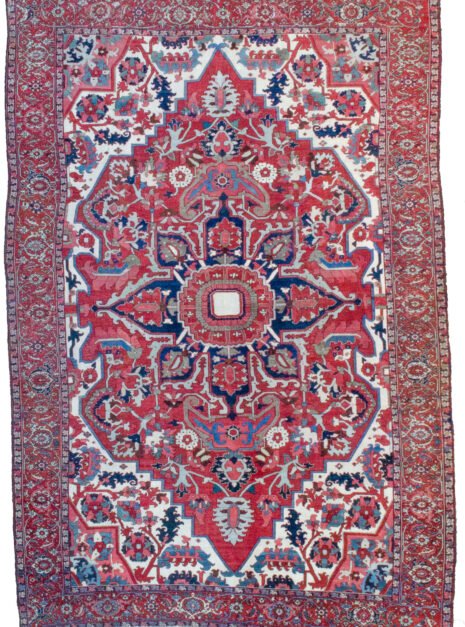 H343-Gharadagh-524x369cm.jpg alt="Gharadagh Heriz carpet with red ground and bold medallion" alt="Vintage Persian rug with Samavar border and white spandrels" alt="Large Heriz rug with stylised floral design from Northwest Iran" alt="Restored antique Heriz carpet with bold colours and classic motifs"