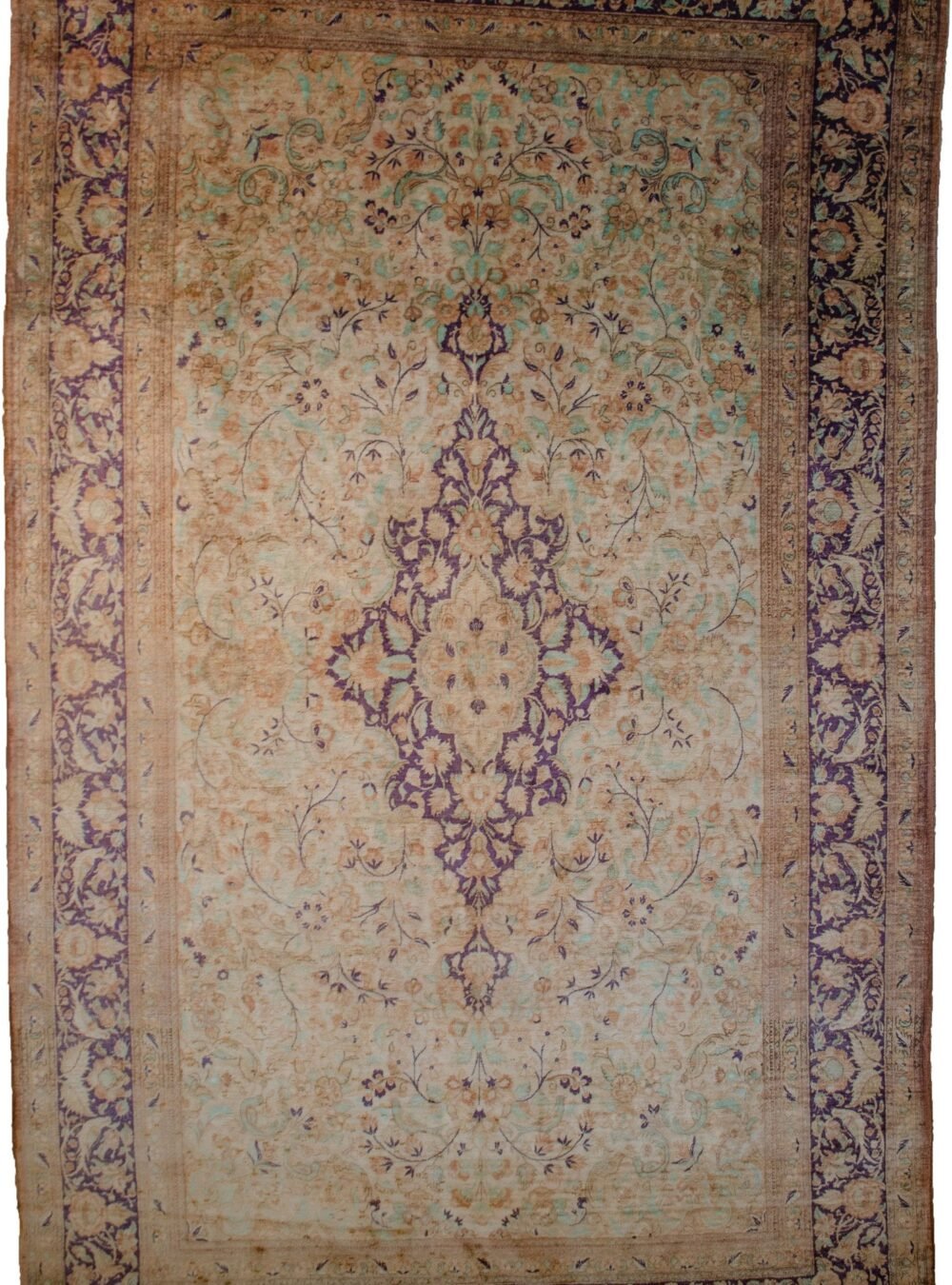 alt="Silk Qum rug with medallion and floral bird border" alt="Cream and blue Persian rug with tea-wash finish" alt="Fine silk carpet from Qum with bird and flower design" alt="Elegant Persian silk rug with harmonious toned colours"