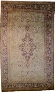 alt="Silk Qum rug with medallion and floral bird border" alt="Cream and blue Persian rug with tea-wash finish" alt="Fine silk carpet from Qum with bird and flower design" alt="Elegant Persian silk rug with harmonious toned colours"