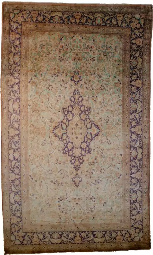 alt="Silk Qum rug with medallion and floral bird border" alt="Cream and blue Persian rug with tea-wash finish" alt="Fine silk carpet from Qum with bird and flower design" alt="Elegant Persian silk rug with harmonious toned colours"