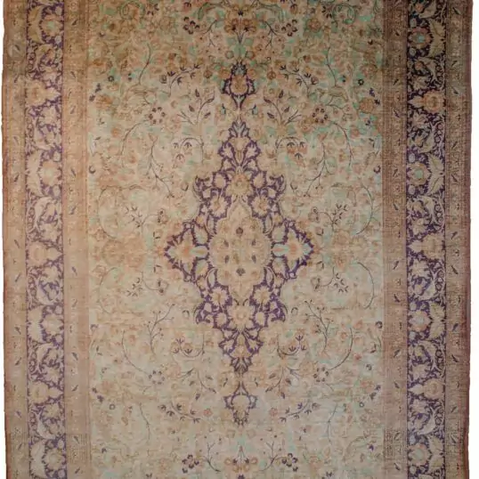 alt="Silk Qum rug with medallion and floral bird border" alt="Cream and blue Persian rug with tea-wash finish" alt="Fine silk carpet from Qum with bird and flower design" alt="Elegant Persian silk rug with harmonious toned colours"