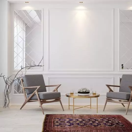 Classic white modern interior empty room with lounge armchairs,