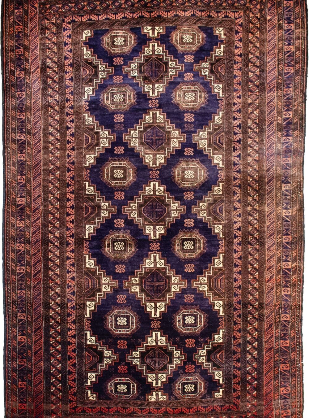 alt="Vintage Baluch rug with blue field and lozenge guls" alt="Persian tribal rug with ram’s horn motif and rose borders" alt="Handwoven Baluch rug with kilim ends and geometric design" alt="Eastern Iran vintage rug with symbolic lozenge and guls"