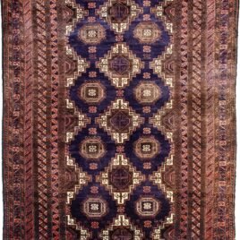 alt="Vintage Baluch rug with blue field and lozenge guls" alt="Persian tribal rug with ram’s horn motif and rose borders" alt="Handwoven Baluch rug with kilim ends and geometric design" alt="Eastern Iran vintage rug with symbolic lozenge and guls"