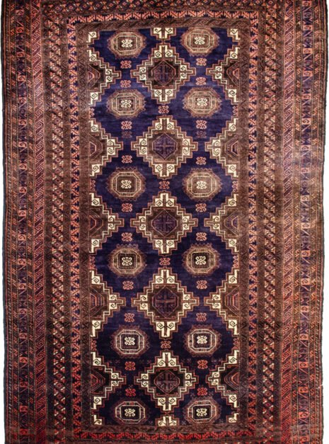 H348-Baluch-206x123cmr.jpg alt="Vintage Baluch rug with blue field and lozenge guls" alt="Persian tribal rug with ram’s horn motif and rose borders" alt="Handwoven Baluch rug with kilim ends and geometric design" alt="Eastern Iran vintage rug with symbolic lozenge and guls"