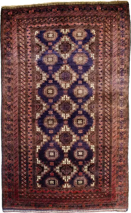 alt="Vintage Baluch rug with blue field and lozenge guls" alt="Persian tribal rug with ram’s horn motif and rose borders" alt="Handwoven Baluch rug with kilim ends and geometric design" alt="Eastern Iran vintage rug with symbolic lozenge and guls"