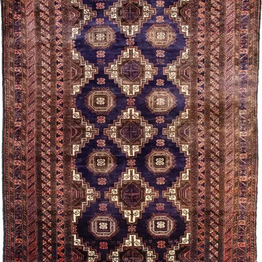 alt="Vintage Baluch rug with blue field and lozenge guls" alt="Persian tribal rug with ram’s horn motif and rose borders" alt="Handwoven Baluch rug with kilim ends and geometric design" alt="Eastern Iran vintage rug with symbolic lozenge and guls"