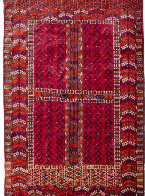 H349-Turkman-157x104cmr.jpg alt="Turkmen Pardeh rug with niche design and red field" alt="Silky wool prayer rug from Turkmenistan with tribal motifs" alt="Low pile Turkmen rug with curtain and spiritual design" alt="Antique Pardeh rug with rich red tone and symbolic niche"