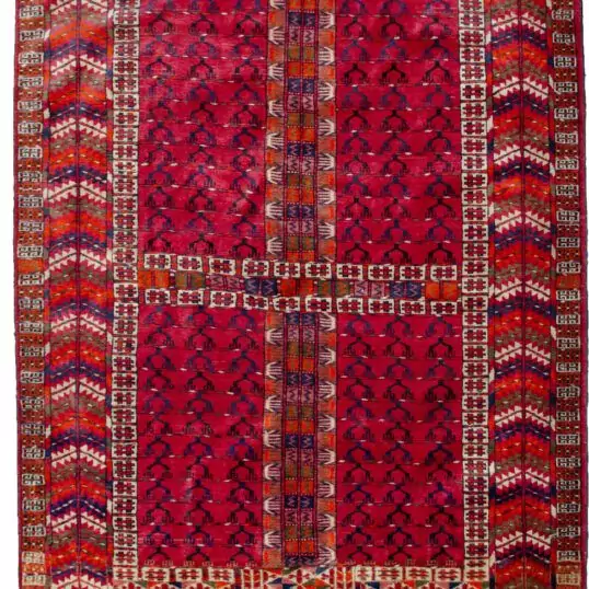 alt="Turkmen Pardeh rug with niche design and red field" alt="Silky wool prayer rug from Turkmenistan with tribal motifs" alt="Low pile Turkmen rug with curtain and spiritual design" alt="Antique Pardeh rug with rich red tone and symbolic niche"