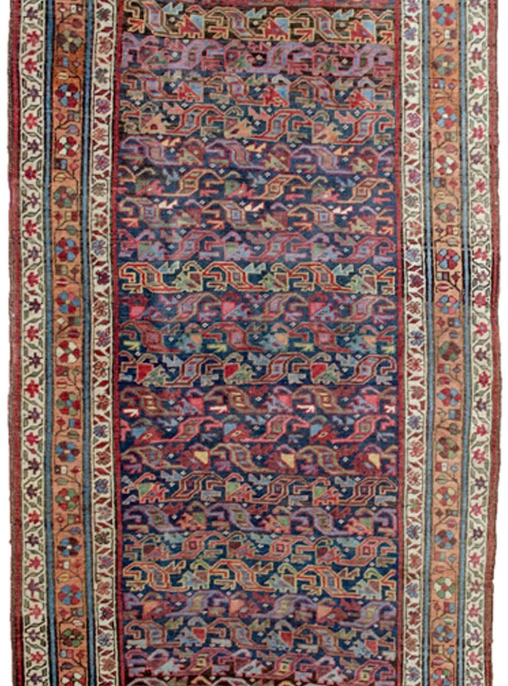 “Antique Bijar runner with blue field and apricot floral border” “Handwoven Persian rug with low pile and wool foundation” “Elegant narrow Bijar rug for hallway or corridor” “Densely woven antique Bijar runner from West Iran”