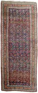 “Antique Bijar runner with blue field and apricot floral border” “Handwoven Persian rug with low pile and wool foundation” “Elegant narrow Bijar rug for hallway or corridor” “Densely woven antique Bijar runner from West Iran”