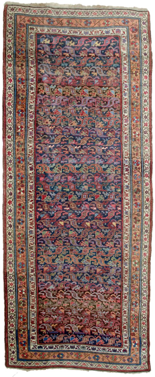 “Antique Bijar runner with blue field and apricot floral border” “Handwoven Persian rug with low pile and wool foundation” “Elegant narrow Bijar rug for hallway or corridor” “Densely woven antique Bijar runner from West Iran”