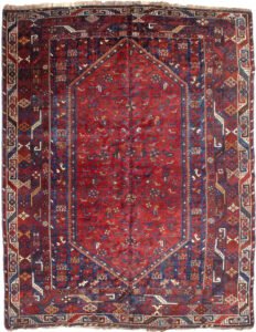 alt="Antique Bownat rug from Shiraz with tribal motifs on red ground" alt="Persian tribal rug with dogs, chickens, and paisley patterns" alt="Red-ground Shiraz rug with multiple borders and natural dyes" alt="High-quality wool Bownat rug with collectible tribal design"