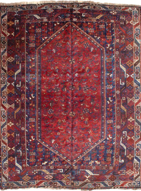 K263-Bownat-213x168cmr.jpg alt="Antique Bownat rug from Shiraz with tribal motifs on red ground" alt="Persian tribal rug with dogs, chickens, and paisley patterns" alt="Red-ground Shiraz rug with multiple borders and natural dyes" alt="High-quality wool Bownat rug with collectible tribal design"
