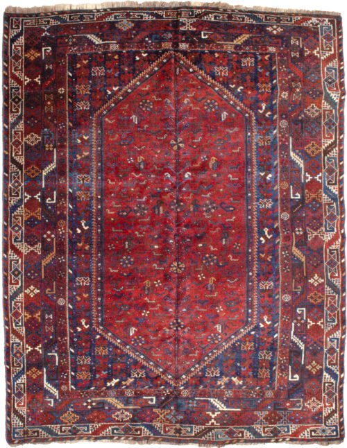 alt="Antique Bownat rug from Shiraz with tribal motifs on red ground" alt="Persian tribal rug with dogs, chickens, and paisley patterns" alt="Red-ground Shiraz rug with multiple borders and natural dyes" alt="High-quality wool Bownat rug with collectible tribal design"