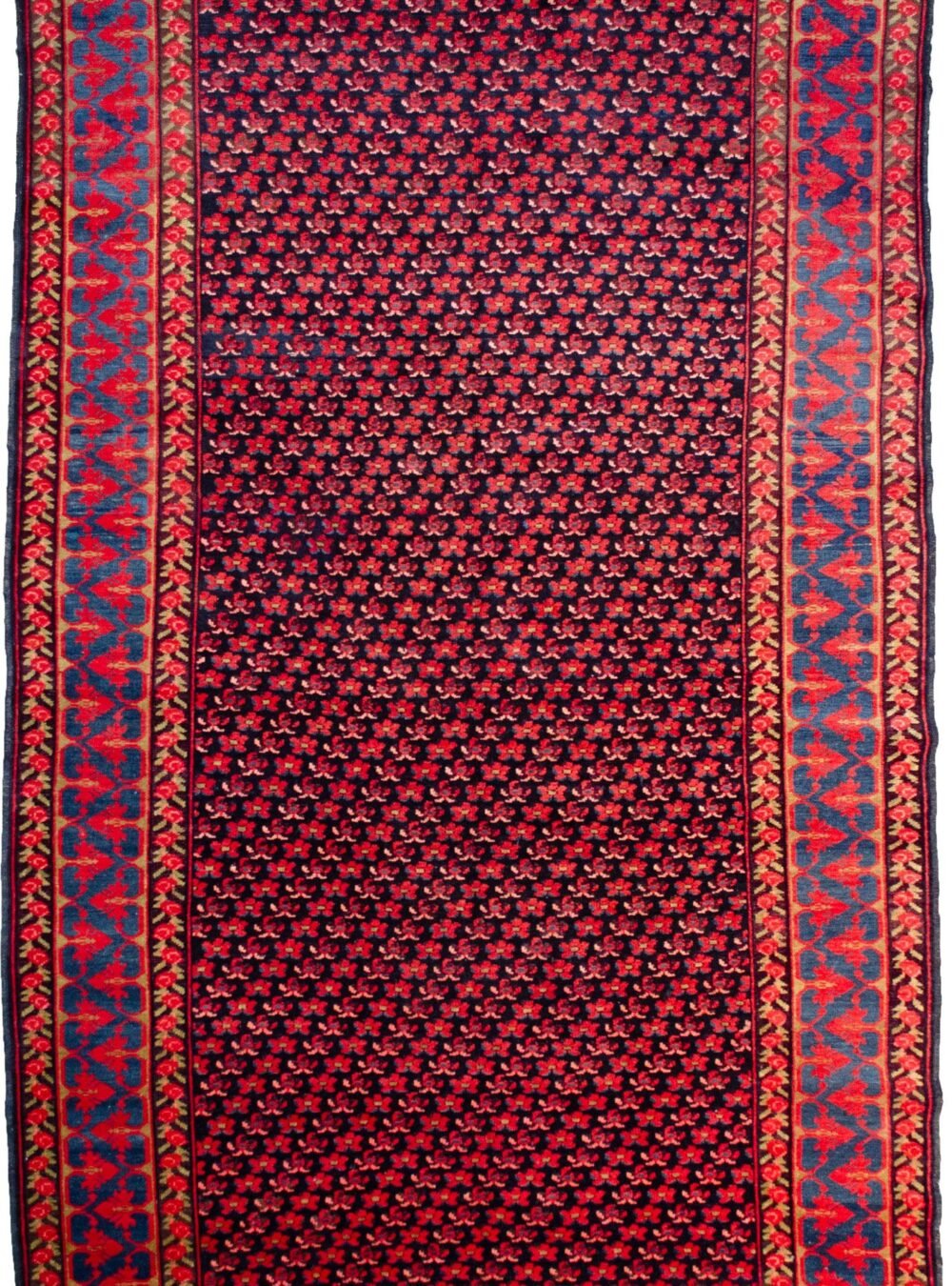 alt="Vintage Karabagh rug with dark blue field and small floral motifs" alt="Caucasian rug with light blue leaf border and colour variation" alt="Handwoven Karabagh rug with flower guard border" alt="Elegant blue Karabagh carpet with traditional floral design"