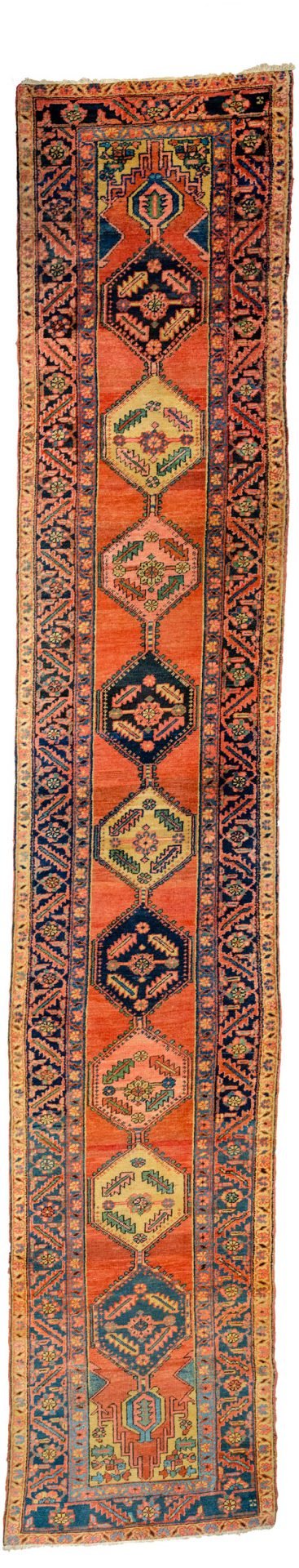 antique-heriz-runner-red-field-blue-border.jpg heriz-runner-medallion-design-detail.jpg handwoven-heriz-runner-vibrant-colors.jpg vintage-persian-runner-rug-closeup.jpg